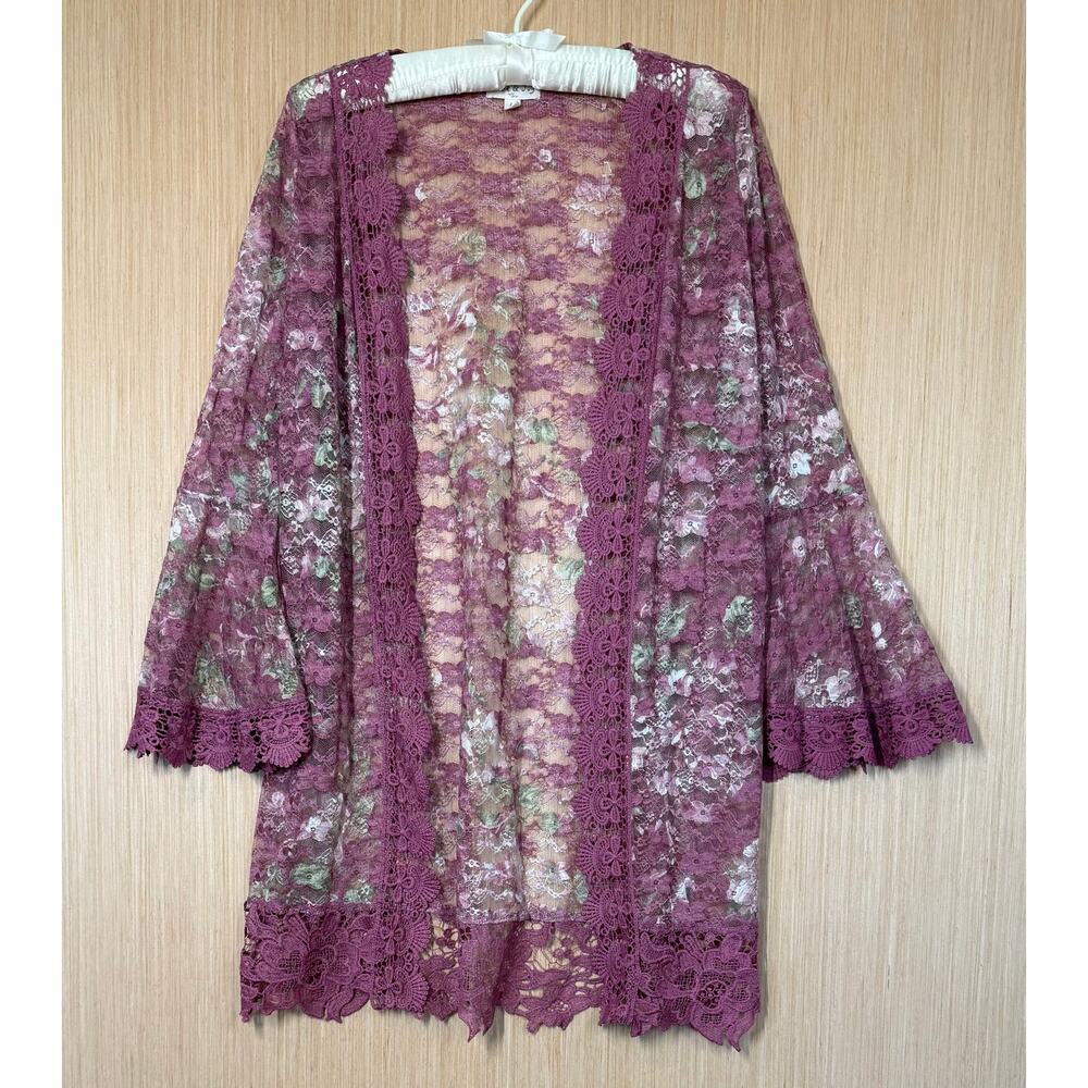 Jolie & Joy Floral Lace Bell Sleeve Long Cardigan Womens Size Large Mauve